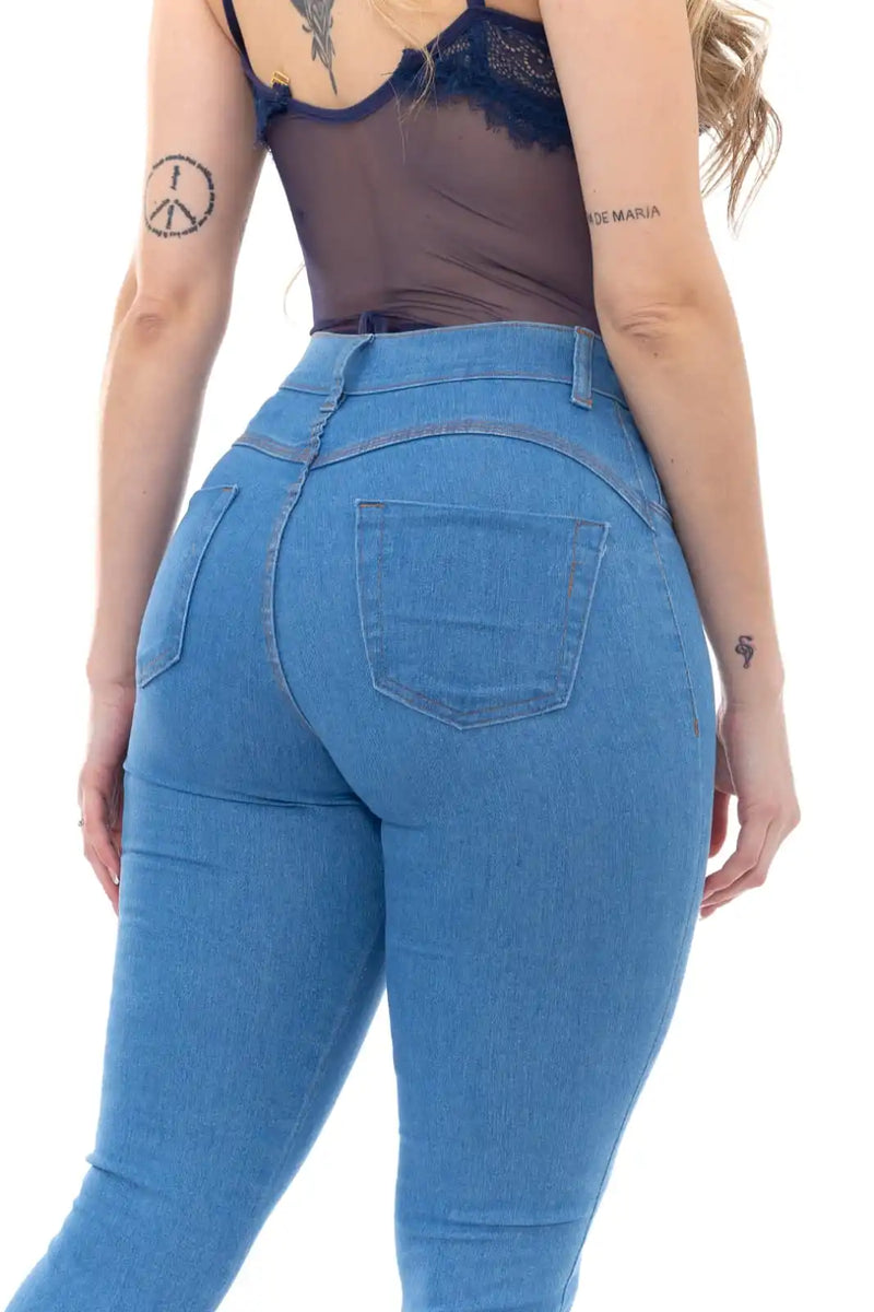 Calça Jeans Skinny Azul Claro Délavé Cintura Alta Premium