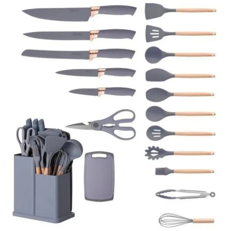 Kit Completo Utensílios de Cozinha de Luxo 19 Peças Com Tablet Silicone Espátula Faca Tesoura