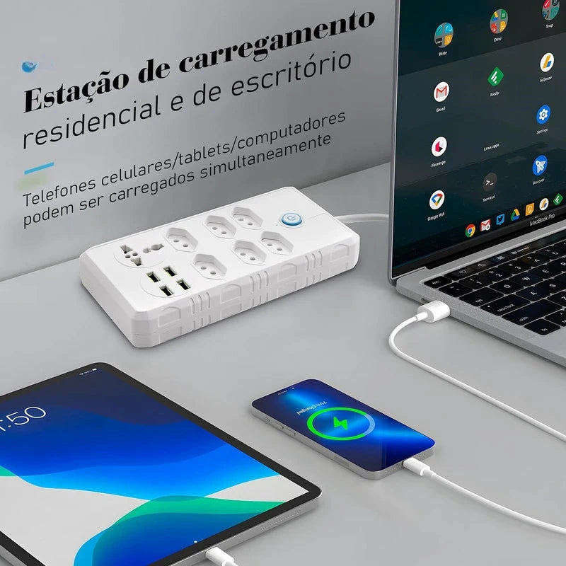 Extensão de Tomada Elétrica 4 Portas USB Extensão Adaptador de Carga Elétrica Cabo Soquete Filtro de Rede Pino Redondo para Escritório Doméstico