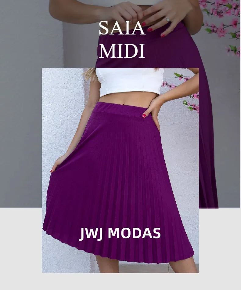 Moda feminina plissada Evangelica elegante cintura alta saia midi com forro mesmo tecido de saia