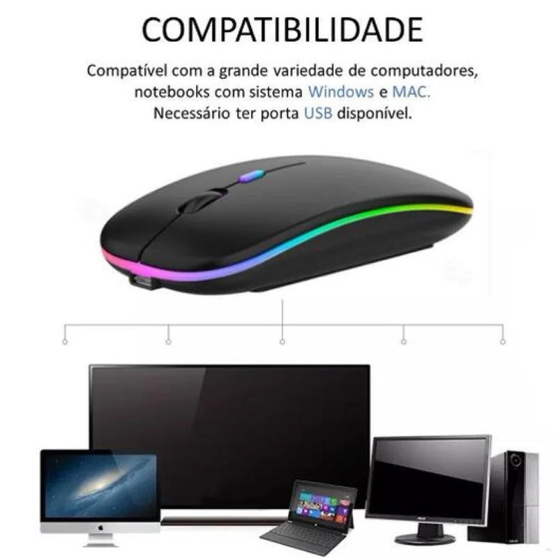 Mouse Sem Fio Optico Silencioso Ergonômico Recarregável Led RGB USB Wirelless 2.4ghz