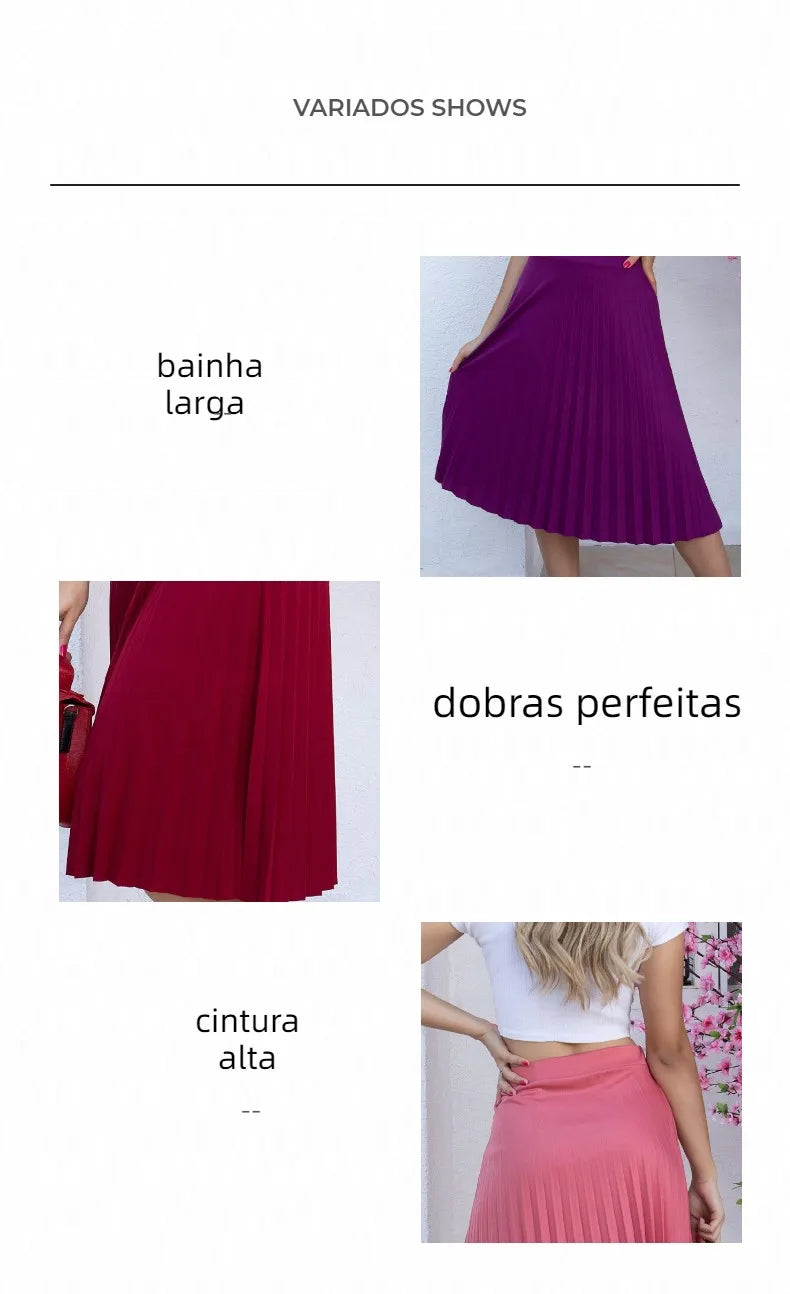 Moda feminina plissada Evangelica elegante cintura alta saia midi com forro mesmo tecido de saia