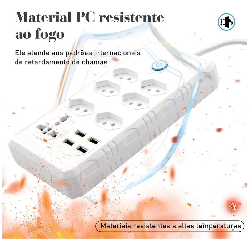 Extensão de Tomada Elétrica 4 Portas USB Extensão Adaptador de Carga Elétrica Cabo Soquete Filtro de Rede Pino Redondo para Escritório Doméstico