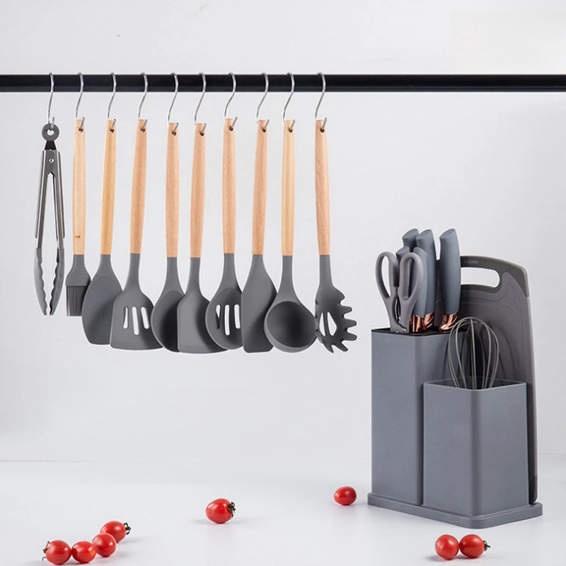 Kit Completo Utensílios de Cozinha de Luxo 19 Peças Com Tablet Silicone Espátula Faca Tesoura