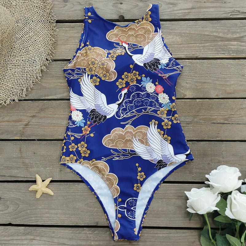 Maiô de uma peça impresso clássico Impresso Lace Up Swimsuit feminino Push Up Flower Terno de uma peça Beach Wear Maiô feminino