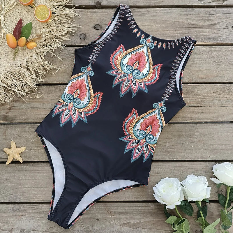 Maiô de uma peça impresso clássico Impresso Lace Up Swimsuit feminino Push Up Flower Terno de uma peça Beach Wear Maiô feminino